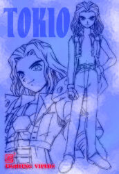  1boy armor bad_id belt blue_ink blue_theme commentary denim denim_vest fighting_vipers fingerless_gloves gloves hair_slicked_back hand_on_own_hip jeans long_hair looking_at_viewer male_focus monochrome nin_nin! open_clothes open_vest pants shoulder_armor signature smirk standing thick_eyebrows tokio_(fighting_vipers) vest wavy_hair 