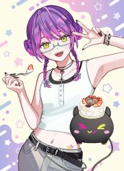  1girl armpits belt belt_buckle bespectacled bibi_(tokoyami_towa) birthday_cake black_nails blush bracelet braid braided_bun buckle cake closed_mouth commentary crop_top food fork fyuu-ka glasses green_eyes grey_pants hair_bun heart highres holding holding_fork hololive jewelry looking_at_viewer midriff nail_polish navel navel_piercing necklace open_mouth pants piercing purple_hair semi-rimless_eyewear star_(symbol) strawberry_cake tank_top teeth tokoyami_towa twin_braids under-rim_eyewear untranslatable_commentary upper_teeth_only virtual_youtuber w white_tank_top 