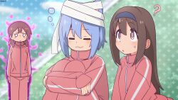  3girls :3 =_= ? animal_ears aura bambi2000line black_hairband blue_hair blurry blurry_background brown_eyes brown_hair cat_ears commentary day fujimi_nemu fushimi_nodoka hair_between_eyes hairband heart highres hugging_own_legs jacket kemonomimi_mode long_hair long_sleeves multiple_girls murosaki_miyo onii-chan_wa_oshimai! outdoors pants red_jacket red_pants short_hair sleeping smile squeans staring track_jacket track_pants track_uniform 