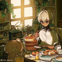  1boy ahoge artist_name blue_eyes breakfast butter collared_shirt commentary_request crossed_bangs cup dark-skinned_male dark_skin eating food fork fried_egg fruit hair_between_eyes highres holding holding_fork holding_knife honeypot indoors instagram_username jimini_shijimi knife living_toy long_sleeves mug original pancake pancake_stack plant potted_plant radio shirt short_hair sitting skeb_username solo strawberry stuffed_animal stuffed_toy table teddy_bear twitter_username white-haired_man_(jimini_shijimi) white_hair window 