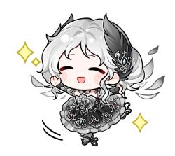  1girl ^_^ ankle_ribbon argyle_clothes argyle_sleeves artist_request ballerina ballet ballet_slippers black_dress black_ribbon black_shoes black_wrist_cuffs blush_stickers chibi circle_skirt closed_eyes dancing detached_sleeves dress feather_hair_ornament feathered_wings feathers frilled_dress frills grey_pantyhose grey_sleeves grey_wings hair_bun hair_ornament happy infinity_nikki jewelry leg_ribbon long_dress medium_hair motion_lines necklace nikki_(series) official_art open_mouth outstretched_arms pantyhose ribbon shoes sidelocks single_hair_bun smile solo sparkle sticker_(medium) strapless strapless_dress transparent_background tutu wavy_hair white_hair white_night's_ballet_(infinity_nikki) wings wrist_cuffs 