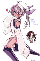  2girls breasts commentary_request competition_swimsuit dace_(kancolle) emapersona grey_eyes grey_hair hat highres kantai_collection kneehighs looking_at_viewer military_hat multiple_girls nankai_(kancolle) nosaki_(kancolle) one-piece_swimsuit open_mouth sailor_collar sailor_hat shirt simple_background small_breasts socks swimsuit tan translation_request white_background white_shirt white_socks 