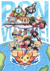  2girls 6+boys afro black_hair blonde_hair blue_hair blue_skin boat brook_(one_piece) chibi colored_skin facial_hair flag franky_(one_piece) goatee green_hair hair_over_one_eye half_updo highres jinbe_(one_piece) jolly_roger long_nose monkey_d._luffy multiple_boys multiple_girls nami_(one_piece) nico_robin one_eye_closed one_piece pointing roronoa_zoro sandals sanji_(one_piece) sergiromero shroud_(sailing) skeleton smile straw_hat_pirates straw_hats_jolly_roger sunglasses thousand_sunny thumbs_up tony_tony_chopper usopp watercraft 
