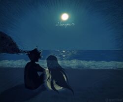  1boy 1girl absurdres beach english_text ghost hero_(omori) highres mari_(omori) moon night ocean omori shadow sitting spinnileaf waves 