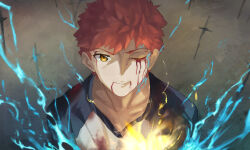  1boy aura blood blood_on_face brown_eyes commentary emiya_shirou fate/stay_night fate_(series) field_of_blades highres incantation magic_circuit male_focus messy_hair multiple_swords multiple_weapons nadenadesuki planted planted_sword shirt solo spiky_hair sword t-shirt too_many_weapons unlimited_blade_works_(reality_marble) weapon 
