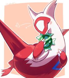 animal_focus applecandy_prpr badge border claws closed_eyes dragon full_body heart highres latias looking_at_viewer no_humans open_mouth orange_background pokemon pokemon_(creature) pokemon_focus simple_background solo white_border 