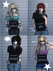  4girls ari_(class_of_09) bare_shoulders black_hair blonde_hair blowing_bubble_gum blue_eyes character_name chewing_gum cigarette class_of_09 commentary denim emily_(class_of_09) english_commentary english_text face_piercing height_chart height_mark holding holding_sign jeans jecka_(class_of_09) long_hair medium_hair mugshot multiple_girls nameplate nicole_(class_of_09) nose_piercing orange_eyes pants piercing pink_tank_top ponytail red_hair short_hair shorts sign star_(symbol) tank_top upper_body vendettax001 violet_eyes 
