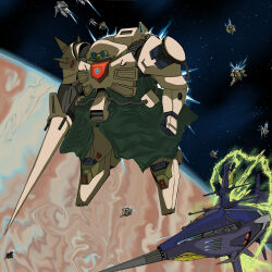  army battle cable commentary_request crossbone_gundam crossbone_vanguard emblem energy energy_field fleet gundam highres in_orbit jupiter_(planet) logo mecha mecha_focus mobile_suit nebula no_humans robot roundel science_fiction shot_lancer shoulder_spikes space spacecraft spikes star_(sky) thrusters tunic user_sdgu7353 war zondo_gei 