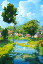  architecture blue_sky clouds day east_asian_architecture highres house joukan_maafii no_humans original outdoors reflection river scenery sky tree 