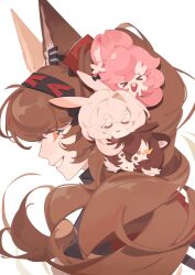  >_< 4girls :d absurdres angelina_(arknights) angelina_the_mellow_wish_(arknights) animal_ear_fluff animal_ears arknights black_hairband brown_eyes brown_hair chibi chinese_commentary closed_eyes commentary_request earpiece fox_ears fox_girl from_side hair_between_eyes hairband highres jacinta_(arknights) long_hair looking_at_viewer multiple_girls on_head pink_hair profile rabbit_ears rabbit_girl raccoon_ears raccoon_girl simple_background smile thumpy_(arknights) timeslot_(arknights) twintails upper_body white_background xd yi_tai_meiyou_xianshi_ping_de_zhuji 