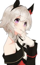  1girl animal_ears bare_shoulders black_hairband blush bow breasts closed_mouth coat curren_chan_(fille_eclair)_(umamusume) curren_chan_(umamusume) dress ear_bow ear_covers gloves grey_hair hairband highres horse_ears horse_girl kana_sakimori long_sleeves looking_at_viewer off-shoulder_coat off-shoulder_dress off-shoulder_jacket off_shoulder red_bow short_hair simple_background solo striped_clothes striped_dress tongue tongue_out umamusume upper_body vertical-striped_clothes vertical-striped_dress violet_eyes white_background white_gloves 