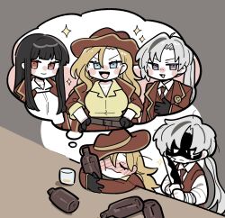  1boy 2girls beer_bottle black_hair blonde_hair blue_eyes bottle bruise commentary_request cup dreaming drinking_glass drunk fedora hat highres injury knife kojocho05 limbus_company long_hair lucio_(project_moon) multiple_girls project_moon red_eyes rodion_(project_moon) shot_glass single_tear valencina_(project_moon) violet_eyes white_hair 
