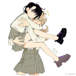  >_o 2girls :c :o arm_up bare_legs black_hair black_shoes blonde_hair blush buttons carrying chinese_commentary chinese_text closed_mouth collared_shirt commentary_request couple cropped_legs crossed_bangs dated dot_nose double-parted_bangs dress_shirt english_text facing_viewer from_side full_body green_eyes grey_skirt hair_ornament hairclip hand_in_another's_hair hand_on_another's_ass hand_on_another's_back hand_on_another's_head hand_up hands_on_another's_head highres jellyfish_cut knee_up leaning_on_person leg_up licking licking_another's_face licking_another's_lips light_frown long_hair long_sleeves looking_at_viewer looking_down looking_to_the_side loose_hair_strand minamip multiple_girls multiple_hairclips no_socks one_eye_closed open_mouth original parallel_hairclips parted_bangs platform_shoes pleated_skirt princess_carry purple_trim red_eyes school_uniform shirt shoelaces shoes short_hair simple_background skirt sleeve_cuffs struggling surprised suspender_skirt suspenders sweatdrop swept_bangs turning_head v-shaped_eyebrows watermark weibo_watermark white_background white_shirt wince yuri 