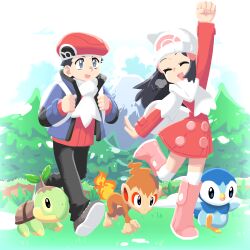  1boy 1girl :d beanie beret black_hair black_pants blue_jacket boots chimchar closed_eyes coat fir_tree fist_pump grass hat highres hikari_(pokemon) jacket john_su long_hair looking_at_another lucas_(pokemon) mountain open_mouth outdoors over-kneehighs pants pink_boots piplup pokemon pokemon_(creature) pokemon_diamond/pearl/platinum pokemon_platinum red_coat red_hat red_sweater scarf short_hair smile sweater thigh-highs tree turtwig walking white_hat white_scarf white_thighhighs 