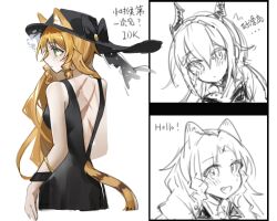  arknights black_bow black_dress black_hat bow ch'en_(arknights) dress drill_hair drill_sidelocks english_text fumi_(fyvr2372) green_eyes hat hat_bow long_hair orange_hair orange_tail scar scar_on_back sidelocks simple_background swire_(arknights) translation_request white_background 
