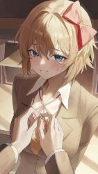  1girl absurdres blue_eyes blush bow brown_hair brown_sweater buttons classroom collared_shirt commentary_request desk doki_doki_literature_club doki_doki_literature_club_school_uniform grey_jacket hair_between_eyes hair_bow highres indoors jacket looking_at_viewer neck_ribbon pov pov_hands red_bow ribbon sayori_(doki_doki_literature_club) school_desk school_uniform shirt short_hair smile solo sweatdrop sweater white_shirt yecheng_anhunqu_(bilibili_1454316466) 