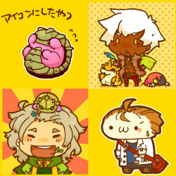  3boys bag bard_(sekaiju) bard_3_(sekaiju) belt belt_buckle black_belt black_pants buckle chain chibi chibi_only clawed_mole_(sekaiju) coat commentary_request creature creature_on_head dark_hunter_(sekaiju) dark_hunter_3 earrings facing_viewer grey_hair hands_on_own_hips jewelry lowres male_focus medic_(sekaiju) medic_3_(sekaiju) medium_hair mole motimamire multiple_boys pants red_bag red_pants sekaiju_no_meikyuu sekaiju_no_meikyuu_1 short_hair shoulder_bag standing translation_request upper_body white_coat yellow_background yellow_eyes 