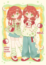 +_+ 2girls absurdres apple_bag apple_hair_ornament apple_print aqua_pants aqua_skirt arm_warmers bag blush bow bra_strap braid closed_mouth commentary_request crop_top food-themed_hair_ornament food_print frown fruit_print full_body green_arm_warmers green_leg_warmers green_shirt green_skirt green_trim hair_bow hair_ornament hairclip highres jewelry layered_skirt leg_warmers long_hair milcah multiple_girls necklace one_side_up original pants pants_under_skirt parted_lips raglan_sleeves red_ribbon red_sleeves ribbon shirt shoes short_sleeves shoulder_bag siblings sisters skirt sleeveless sleeveless_shirt smile star_(symbol) star_print striped_arm_warmers striped_leg_warmers tareme thigh-highs twins two-tone_arm_warmers two-tone_leg_warmers two-tone_shirt two-tone_skirt white_arm_warmers white_bow white_leg_warmers white_shirt white_shoes white_skirt white_thighhighs x_hair_ornament y2k_fashion 