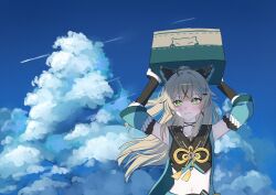  1girl animal_ears bare_shoulders blonde_hair blush box brown_tank_top cardboard_box cat_ears cat_feet cat_girl coat genshin_impact green_eyes hair_ornament hairclip highres kirara_(genshin_impact) komaniya_express_(genshin_impact) long_hair mochi_mochi052 multiple_tails nekomata sleeveless sleeveless_coat smile sweat tail tank_top 