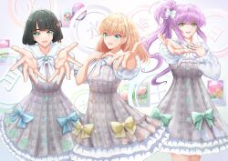  3girls :d apdjspdag black_hair blunt_bangs blunt_ends bob_cut bow cerise_bouquet clenched_hand commentary cowboy_shot dress flower flower_knot frilled_dress frills grey_dress hair_bow hair_bun hair_flower hair_ornament hairband hand_on_own_chest highres hinoshita_kaho holiday_holiday_(love_live!) long_hair looking_at_viewer love_live! love_live!_hasu_no_sora_jogakuin_school_idol_club medium_hair momose_ginko multiple_girls offering_hand open_hand open_hands open_mouth orange_hair otomune_kozue outstretched_arm outstretched_arms pinafore_dress pink_flower plaid_clothes plaid_dress shirt short_dress short_hair side_ponytail sidelocks single_side_bun sleeveless sleeveless_dress smile untranslatable_commentary virtual_youtuber white_bow white_shirt yellow_hairband 