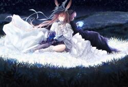  2girls absurdres amiya_(arknights) amiya_(guard)_(arknights) amiya_(guard)_(in_a_myriad_of_universes)_(arknights) animal_ears arknights back-to-back black_skirt blue_eyes brown_hair closed_mouth dress floating_hair flower frills hat high-low_dress highres holding holding_flower holding_sword holding_weapon horns jewelry long_hair meadow multiple_girls multiple_rings night official_alternate_costume outdoors purple_hair purple_robe rabbit_ears rabbit_girl ring robe shirt single_armored_boot sitting skirt sky songhang star_(sky) starry_sky sword weapon white_dress yokozuwari 