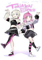  2girls 4ding ahoge arm_up bare_shoulders black_jacket black_pantyhose black_shirt black_shoes black_shorts black_skirt black_socks blonde_hair breasts commentary_request crop_top cropped_shirt full_body go_our_way! hair_over_one_eye hand_up highres jacket kishimen_hair leg_up long_sleeves looking_at_viewer love_live! love_live!_nijigasaki_high_school_idol_club love_live!_nijigasaki_high_school_idol_club_next_sky medium_breasts medium_hair mia_taylor midriff miniskirt multiple_girls nijigasaki_8th_live!_tokimeki_express off_shoulder one_eye_covered pantyhose pink_hair pink_pantyhose pink_thighhighs pleated_skirt shirt shoes short_shorts shorts signature simple_background single_leg_pantyhose skirt socks striped_clothes striped_thighhighs tennoji_rina thigh-highs twitter_username two-tone_pantyhose violet_eyes white_background white_shoes yellow_eyes 
