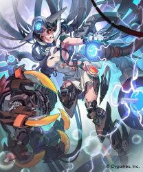  1girl black_hair black_sclera cable colored_sclera company_name copyright_notice cyborg cygames dress electricity helmet highres joints lips long_hair ludicrous_ordnance mechanical_arms mechanical_legs mechanical_tail official_art robot_joints shadowverse shadowverse:_worlds_beyond sharp_teeth short_dress sleeveless sleeveless_dress smirk solo tail teeth white_dress xui_ton yellow_eyes 