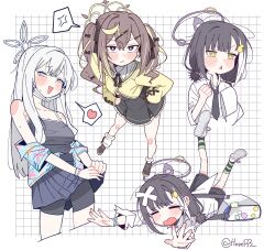  3girls :< anger_vein bandaid bandaid_on_head black_camisole black_hair black_mask black_necktie black_shorts black_skirt blonde_hair blue_archive blue_skirt blush breasts brown_hair camisole closed_eyes closed_mouth collared_shirt cropped_legs grey_eyes grey_halo grey_shoes grid_background hair_ornament halo heart highres jacket ken_(houndscombat) konoka_(blue_archive) long_hair long_sleeves looking_at_viewer lying mask mask_pull mouth_mask multicolored_hair multiple_girls necktie off_shoulder on_stomach open_mouth pleated_skirt purple_halo rena_(blue_archive) ribbon shirt shoes shorts simple_background skirt sleeves_past_wrists socks spoken_anger_vein spoken_heart streaked_hair surgical_mask tears tsubasa_(blue_archive) twintails twitter_username violet_eyes white_background white_hair white_mask white_shirt x_hair_ornament yellow_eyes yellow_jacket 