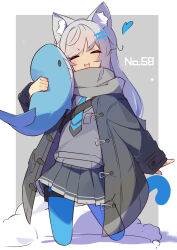  1girl :3 :d animal_ear_fluff animal_ears black_coat black_skirt blue_background blue_necktie blue_pantyhose blush border cat_ears cat_girl cat_tail closed_eyes coat commentary_request cropped_legs double_horizontal_stripe grey_background grey_hair grey_scarf grey_sweater hair_ornament hairclip heart highres holding holding_stuffed_toy long_hair long_sleeves miniskirt necktie open_clothes open_coat open_mouth original pantyhose parallel_hairclips pleated_skirt scarf simple_background skirt smile solo stuffed_animal stuffed_shark stuffed_toy sweater tail tetenka v-shaped_eyebrows white_border 