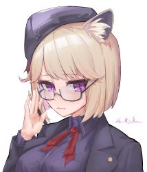  1girl absurdres animal_ear_fluff animal_ears arknights beret between_fingers black-framed_eyewear black_hat black_jacket black_shirt blazer blonde_hair chinese_commentary closed_mouth collared_shirt commentary_request dated glasses hat highres holding jacket lapels lbwnb000 long_sleeves neck_ribbon official_alternate_costume red_ribbon ribbon semi-rimless_eyewear shirt short_hair simple_background solo under-rim_eyewear utage_(arknights) utage_(disguise)_(arknights) violet_eyes white_background 