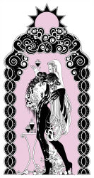  2boys absurdres animal aquiline_nose ass bird black_hair boots bottle conjoined curly_hair eyelashes eyeshadow fish flipped_hair from_side full_body greek_painting_style hairline high_heel_boots high_heels highres hug iliothermia laurel_tattoo lips long_hair makeup male_focus mastectomy_scar multiple_boys nipples nose original scar scar_on_chest standing sun tattoo very_long_hair 