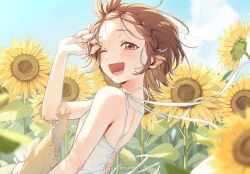  1girl bare_shoulders braid braided_bangs brown_eyes brown_hair child commentary_request dress field flower flower_field hat medalist_(manga) open_mouth oumi_hrak_npr short_hair smile solo straw_hat sun_hat sundress sunflower sunflower_field yellow_flower yuitsuka_inori 
