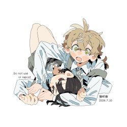  2girls ahoge arm_support bare_legs black_hair blonde_hair blush braid buttons chinese_text closed_mouth collared_shirt couple crossed_bangs curled_fingers diagonal-striped_clothes diagonal-striped_necktie dot_nose double-parted_bangs dress_shirt english_text flustered full_body green_eyes grey_necktie grey_skirt hair_between_eyes hair_ornament hairclip hand_in_another's_hair highres jellyfish_cut knees_up legs_folded long_hair long_sleeves looking_at_viewer looking_up lying minamip multiple_girls multiple_hairclips necktie nose_blush on_ground on_stomach open_clothes open_mouth open_shirt orange_trim original parallel_hairclips partially_unbuttoned pleated_skirt pout purple_trim raised_eyebrows rectangular_mouth red_eyes school_uniform shirt short_hair simple_background skirt sleeve_cuffs striped_clothes striped_necktie surprised suspender_skirt suspenders suspenders_slip sweatdrop thick_eyebrows turning_head unbuttoned unbuttoned_shirt v-shaped_eyebrows white_background white_shirt yukadon yuri yurie_mouth 
