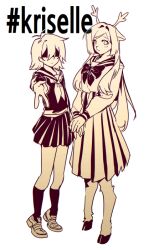  0916psy 1girl 1other absurdres androgynous animal_ears ankle_socks antlers deer_antlers deer_ears deer_girl deltarune english_text furry furry_female hashtag highres horns kris_(deltarune) long_hair long_sleeves miniskirt neckerchief noelle_holiday reindeer_girl sailor_collar school_uniform serafuku shaded_face shirt shoes short_hair simple_background skirt socks utdr_(toby_fox) v white_background 