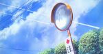  absurdres arrow_(symbol) blue_sky clouds color_creation commentary_request highres no_humans original outdoors power_lines reflection scenery sky traffic_mirror translation_request 