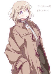  1girl black_skirt blush brown_coat closed_mouth coat commentary grey_hair highres jewelry kamiina_botan_yoeru_sugata_wa_yuri_no_hana looking_at_viewer necklace short_hair skirt smile solo sweater tonami_ibuki translation_request turtleneck turtleneck_sweater violet_eyes wagariro white_sweater 
