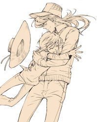  2boys ^_^ ayukawa_gyoshin closed_eyes closed_mouth commentary_request cowboy_shot hat hat_loss hug layered_sleeves long_hair long_sleeves male_focus matsumoto_temari mihira_sanpei monochrome multiple_boys pants shirt short_hair short_over_long_sleeves short_sleeves smile straw_hat tsurikichi_sanpei vest white_background 