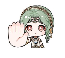  1girl armlet artist_request bare_shoulders black_headband blush_stickers bodypaint bracer bright_pupils brown_eyes chibi choker closed_mouth cropped_torso dress earmuffs expressionless forehead_jewel gem gold_armlet gold_choker gold_necklace greco-roman_clothes green_hair hairband headband infinity_nikki jewelry looking_at_viewer necklace nikki_(series) official_art origin_of_machinery_(infinity_nikki) outstretched_arm red_gem short_hair_with_long_locks sidelocks sleeveless sleeveless_dress solo sticker_(medium) stop_(gesture) tareme transparent_background wavy_hair white_dress white_pupils yellow_hairband 