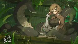  1girl breasts brown_hair brown_shrug bubble commentary_request glasses green_eyes highres lansane large_breasts monster_girl original scylla shrug_(clothing) sideboob tentacles underwater 