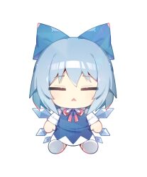  1girl blue_bow blue_dress blue_hair bow bowtie chibi chibi_only cirno closed_eyes collared_shirt commentary dress full_body hair_bow ice ice_wings long_sleeves open_mouth pinafore_dress red_bow red_bowtie shirt shoes short_hair sia_6767 simple_background sitting sleeveless sleeveless_dress solo touhou triangle_mouth white_background white_shirt white_shoes wings 