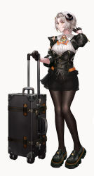  1girl absurdres black_gloves black_pantyhose black_sleeves bodice breasts commentary covered_groin cross-laced_clothes cross-laced_top culottes curled_horns curtained_hair full_body gloves grey_background grey_hair half_gloves highres holding holding_suitcase horns large_breasts lipgloss looking_to_the_side medium_hair neckerchief original pantyhose parted_bangs parted_lips playing_with_own_hair rolling_suitcase shirt simple_background solo standing suitcase takubon turning_head white_shirt yellow_eyes 