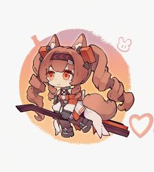  1girl angelina_(arknights) angelina_the_mellow_wish_(arknights) animal_ear_fluff animal_ears arknights black_boots black_collar black_gloves black_hairband boots brown_hair chibi chinese_commentary closed_mouth collar commentary_request detached_sleeves earpiece fox_ears fox_girl fox_tail full_body gloves hair_between_eyes hairband heart highres infection_monitor_(arknights) long_hair long_sleeves multicolored_hairband red_eyes sitting sky smile solo staff_riding tail twintails two-tone_hairband very_long_hair xiuzi_gou 