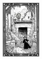  2girls absurdres animal architecture bow broken_wall capelet collared_shirt commentary_request dress goat greco-roman_architecture greyscale hand_grab hat hat_bow highres kihaji140 lion long_hair long_sleeves maribel_hearn medium_hair mob_cap monochrome multiple_girls overgrown pillar ribbon-trimmed_capelet ribbon_trim shirt shirt_tucked_in skirt snake sweatdrop touhou usami_renko 