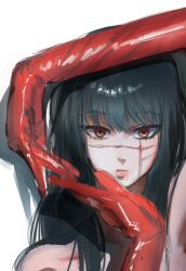  1girl absurdres bare_shoulders black_hair blunt_bangs chainsaw_man closed_mouth collarbone cross_scar elbow_gloves eyelashes gloves hands_up highres keycl0verr long_hair long_sidelocks looking_at_viewer parted_lips red_eyes red_gloves ringed_eyes scar scar_on_cheek scar_on_face scar_on_nose sidelocks yoru_(chainsaw_man) 