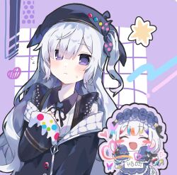  2girls alternate_costume beret black_hat black_jacket closed_mouth collared_shirt commentary_request contrast_collar cosplay costume_switch hair_over_one_eye hat highres jacket jacket_partially_removed jogasaki_noah kokko_(lam_my3pr) long_hair long_sleeves looking_at_viewer mahou_shoujo_no_majo_saiban multiple_girls natsume_an-an neck_ribbon off_shoulder purple_background ribbon shirt upper_body violet_eyes white_hair white_shirt 