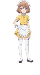  1girl apron arm_at_side black_shoes black_trim blend_s brown_hair closed_mouth collared_shirt contrast_collar crossed_bangs expressionless frilled_apron frills full_body gloves hair_between_eyes hand_on_own_hip headscarf high_heels hoshikawa_mafuyu invisible_floor medium_hair miniskirt official_art pleated_skirt puffy_short_sleeves puffy_sleeves pumps shirt shoes short_sleeves sidelocks simple_background skirt solo standing stile_uniform tachi-e thigh-highs transparent_background variant_set_available violet_eyes waist_apron white_apron white_gloves white_headscarf white_thighhighs yellow_shirt yellow_skirt 