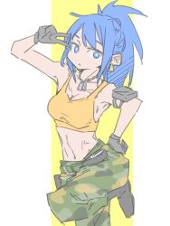  1girl bare_shoulders black_gloves blue_eyes blue_hair breasts camouflage camouflage_pants commentary_request d_sugama dog_tags earrings gloves highres jewelry leona_heidern midriff navel pants pouch sleeveless solo tank_top the_king_of_fighters the_king_of_fighters_xv triangle_earrings yellow_tank_top 