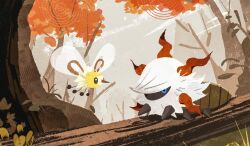  autumn_leaves blue_eyes bug bug_type_theme_(pokemon) commentary_request cutiefly flying insect_wings korean_commentary larva larvesta leaf next_pluto no_humans pokemon pokemon_(creature) pokemon_focus square_pupils tree white_fur wings 