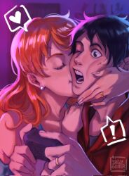  ! 1boy 1girl arm_around_neck artist_name black_eyes black_hair blue_camisole camisole closed_eyes commentary controller earrings game_controller hand_on_another's_shoulder heart hetero highres holding holding_controller holding_game_controller ireleglitter jewelry kiss kissing_cheek monkey_d._luffy nami_(one_piece) one_eye_closed one_piece open_mouth orange_hair ring scar scar_on_cheek scar_on_face spoken_exclamation_mark spoken_heart surprised watermark 