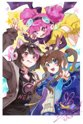  3girls amiya_(arknights) animal_ear_headphones animal_ears arknights arm_up asakura_neko ascot black_gloves black_scarf black_shirt black_sleeves blue_ascot blue_eyes blue_jacket blue_skirt brown_hair brown_jacket buro_(muse_dash) buro_(pilot)_(muse_dash) cat_ear_headphones cat_ears choker commentary cytus cytus_ii double_v fake_animal_ears fingerless_gloves gloves goggles goggles_on_head headphones jacket jewelry layered_sleeves long_hair long_sidelocks long_sleeves multicolored_hair multiple_girls multiple_rings muse_dash open_mouth pink_eyes pink_hair ponytail print_shirt rabbit_ears ring scarf shaou24th shirt short_hair short_over_long_sleeves short_sleeves short_twintails sidelocks skirt smile streaked_hair twintails untranslatable_commentary v white_shirt yellow_shirt yellow_skirt 
